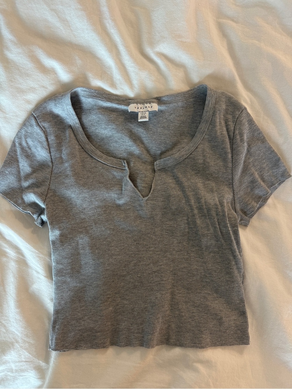Topshop Gray Ribbed Notch-Neck Cropped Tee